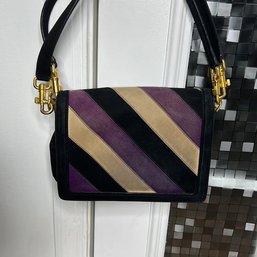 💕 Dolce & Gabbana black purple tan suede double handle satchel handbag 💕